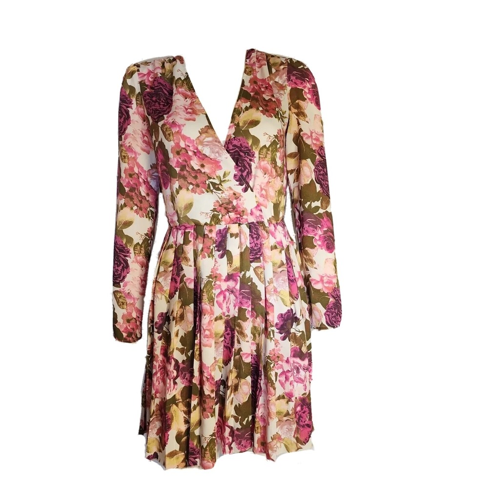 Leith Dress Womens Size XS Pink Brown Floral Pleated Long Sleeve Chiffon Lined